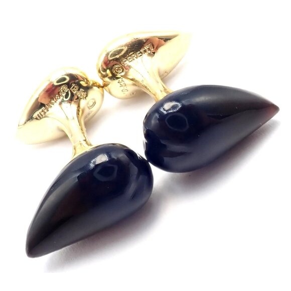 Authentic! Tiffany & Co Peretti 18k Yellow Gold Black Onyx Teardrop Cufflinks - Picture 10 of 11